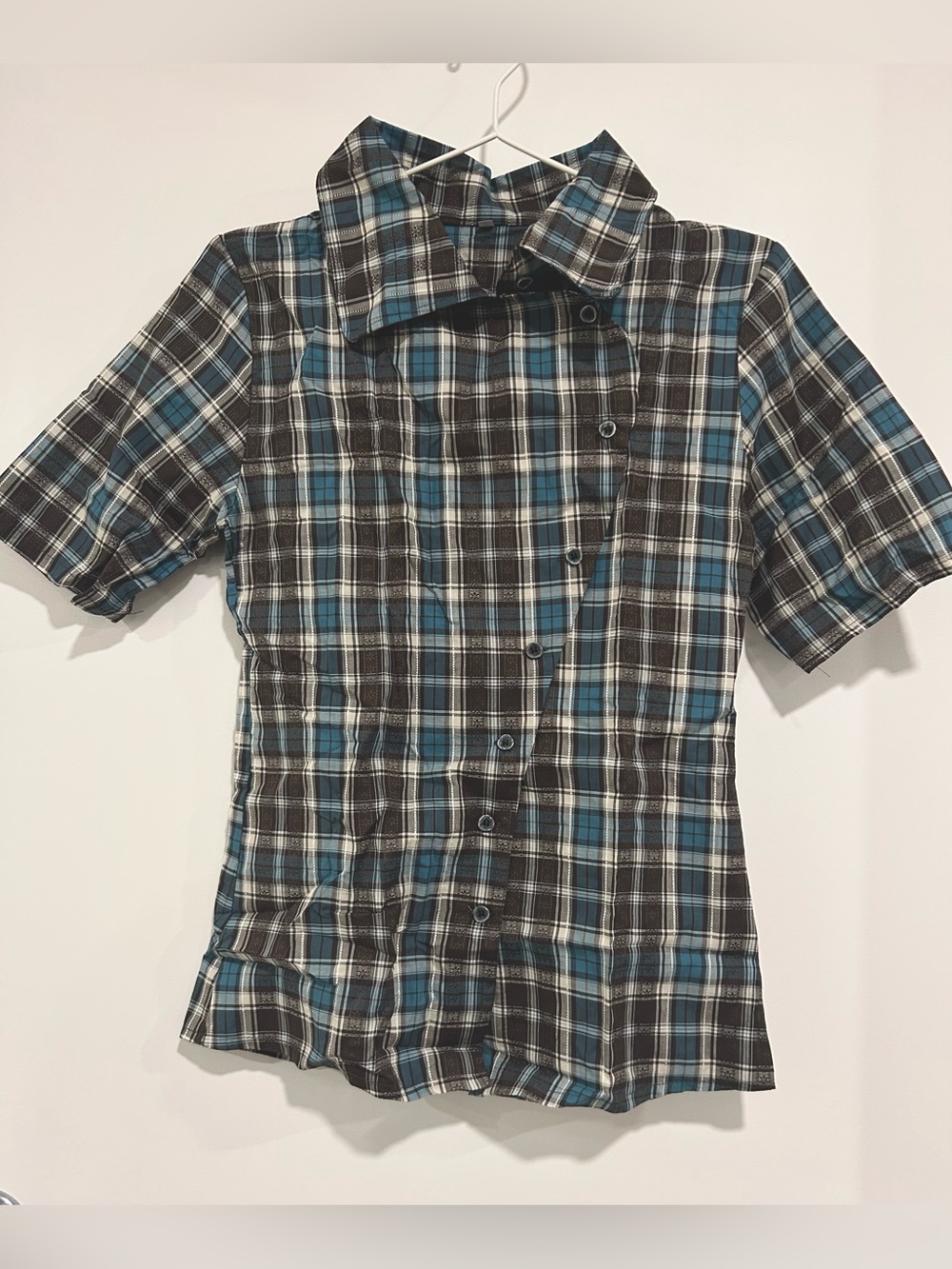 Asymmetrical Blue and Dark Brown Plaid Short-Sleeve Y2K